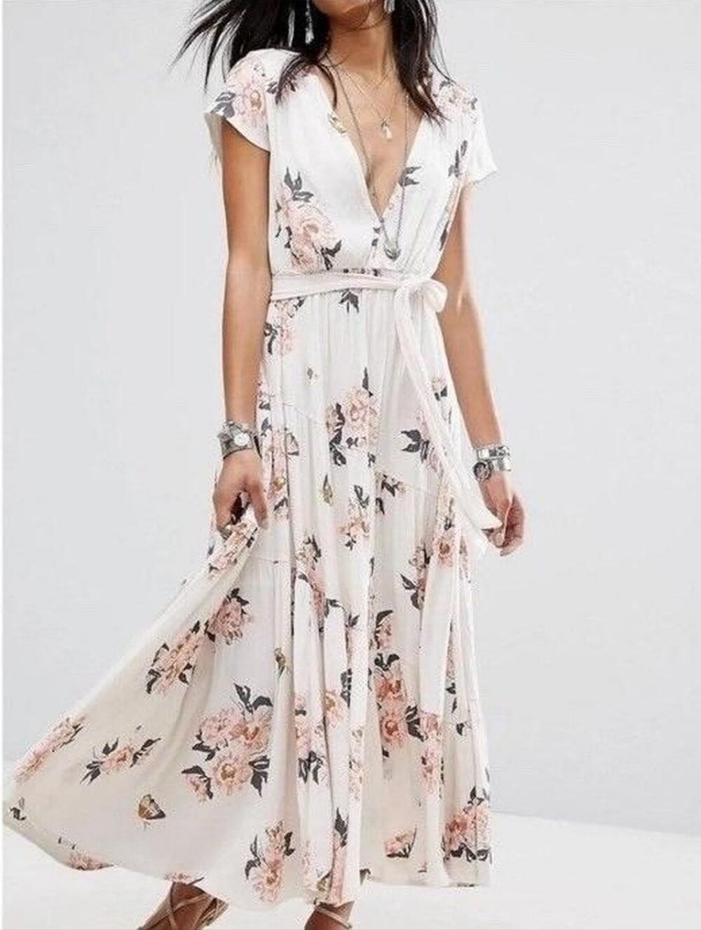 Free People All I Got Printed Floral Maxi Dress Ivory Boho Tiered Size 0